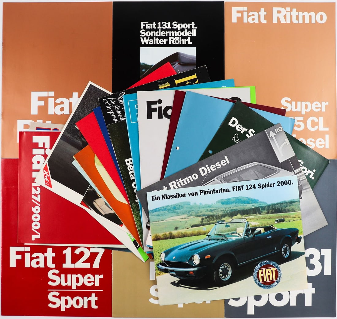 Fiat 28-parts brochures / price lists from the 60s / 70s: E.g. Type 2000, 131 Sport, 127 Super Sport, 124 Spider 2000 etc., English /German, partly punched