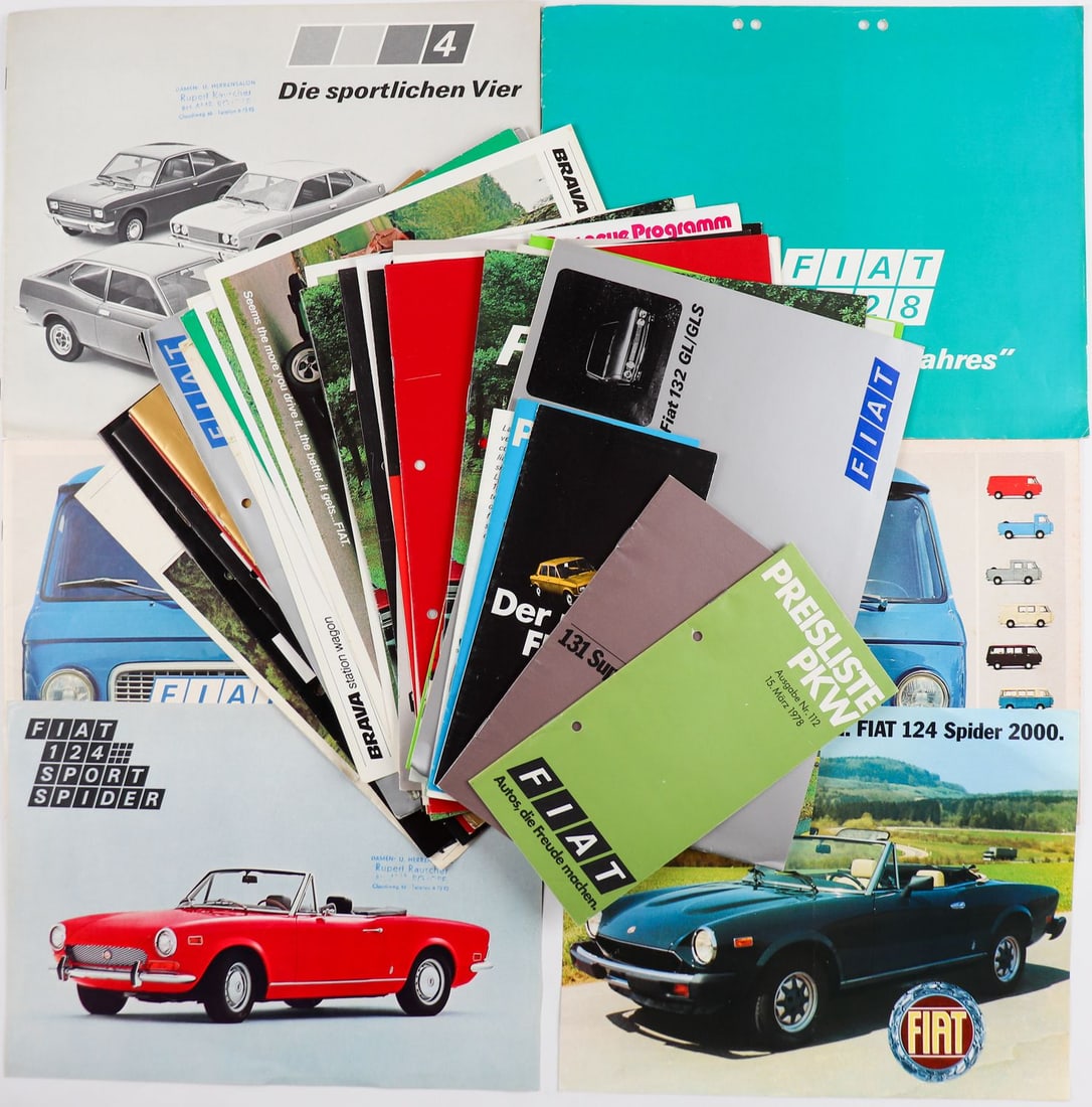 Fiat 35-parts brochures / price lists from the 70s: E.g. type 127, 128 Sport Coupe, 128, 124 Spider 2000 etc., English /German, partly punched