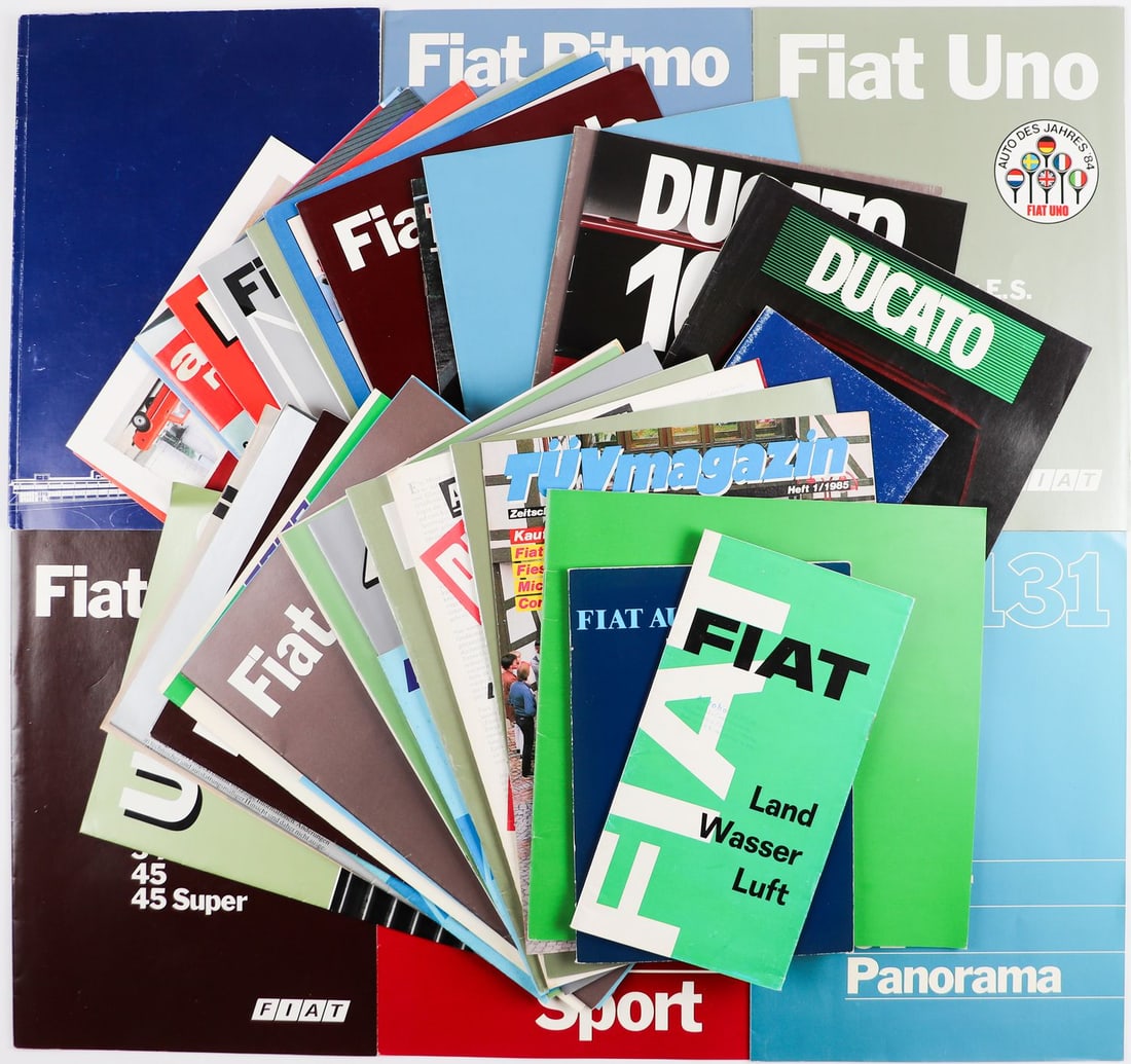 Fiat 50-parts brochures / price lists etc. from the 80s: E.g. type 2000, 75 Super, 126, 131 etc., English /German partly punched