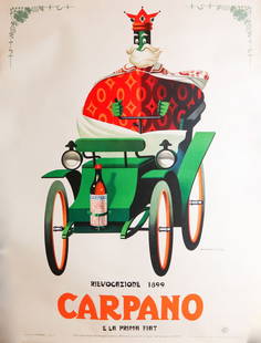 Fiat Advertising poster 'Rievocazione 1899 Carpano e la pri: 139 x 100 cm, design Armando Testa, on linen