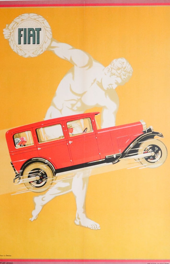 Fiat Advertising poster of the 20s: 73 x 48 cm, reprint from the 90s, on linen