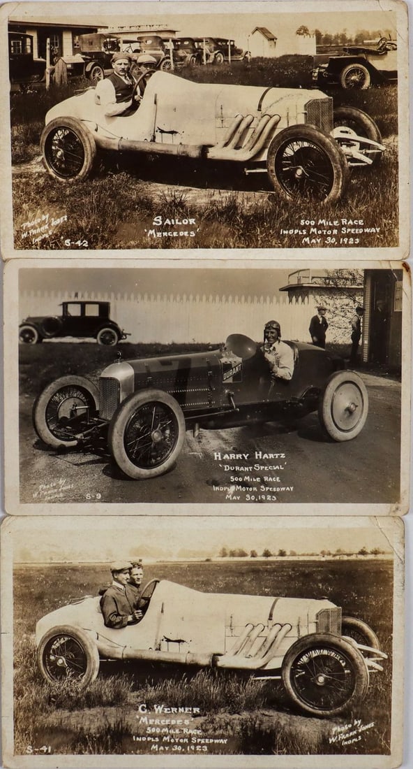 Mercedes-Benz 3x photo cards Indianapolis 500 from 1923: Each 14 x 9 cm, on it you can see Christian Werner in a Mercedes, Max Sailer in a Mercedes and the runner-up Harry Hartz in Miller