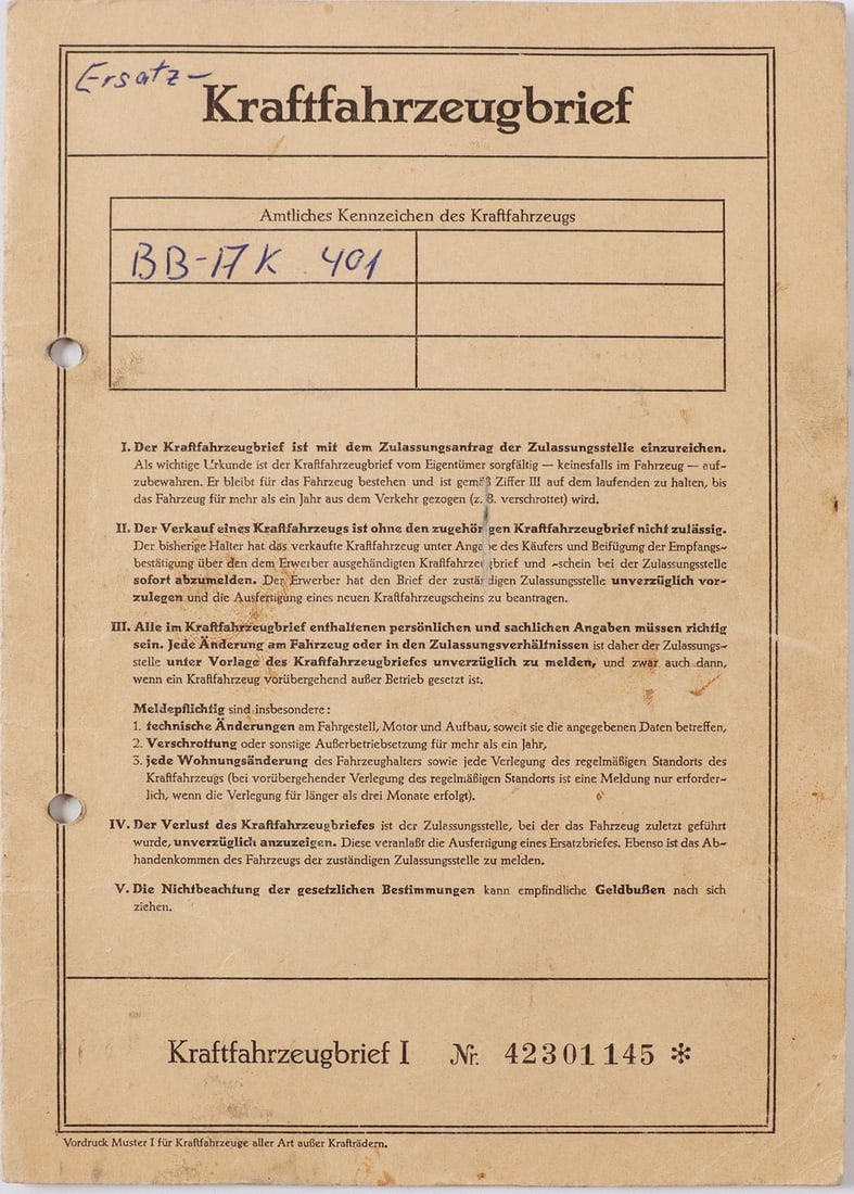 Porsche Registration document type 356B 1600S from 1960 (1 of 2)