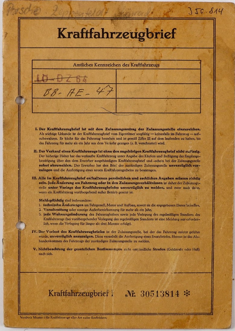 Porsche Registration document type 356SC from 1965 (1 of 2)
