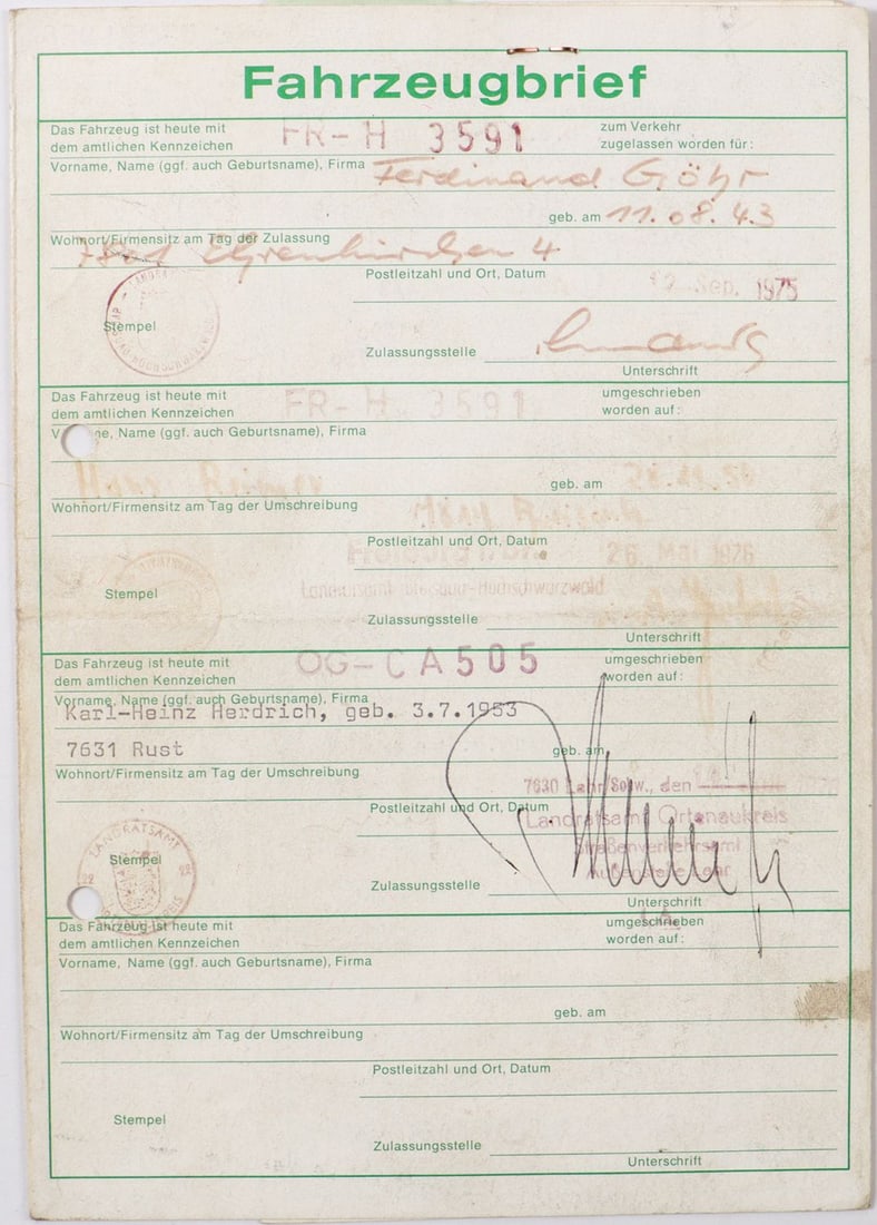 Porsche Registration document type 912 from 1966 (1 of 2)
