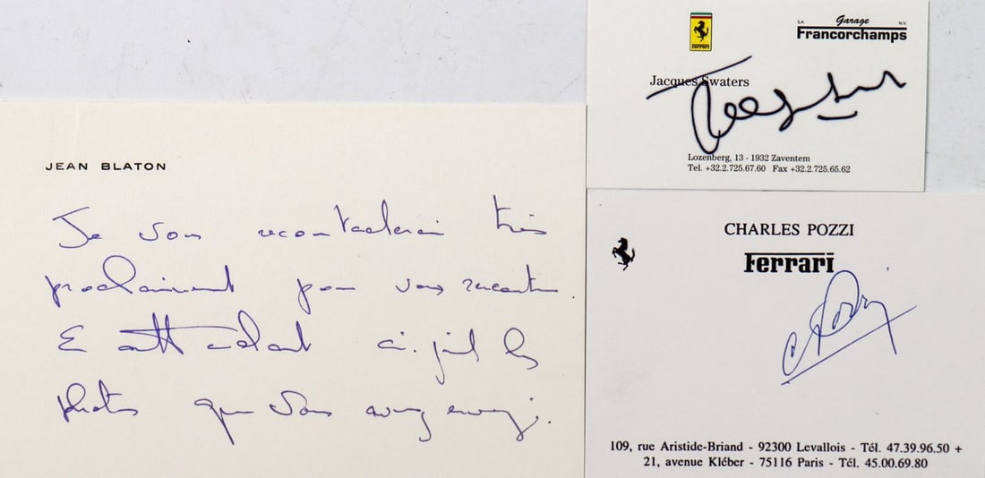 Ferrari 3 parts: 2 business cards, signed by Ferrari dealers/Formula 1 drivers Charles Pozzi (9.5 x 7 cm) and Jaques Swaters (8 x 4.5 cm), as well as handwritten card Jean 'Beurlys' Blaton (not signed, 14x9 cm)