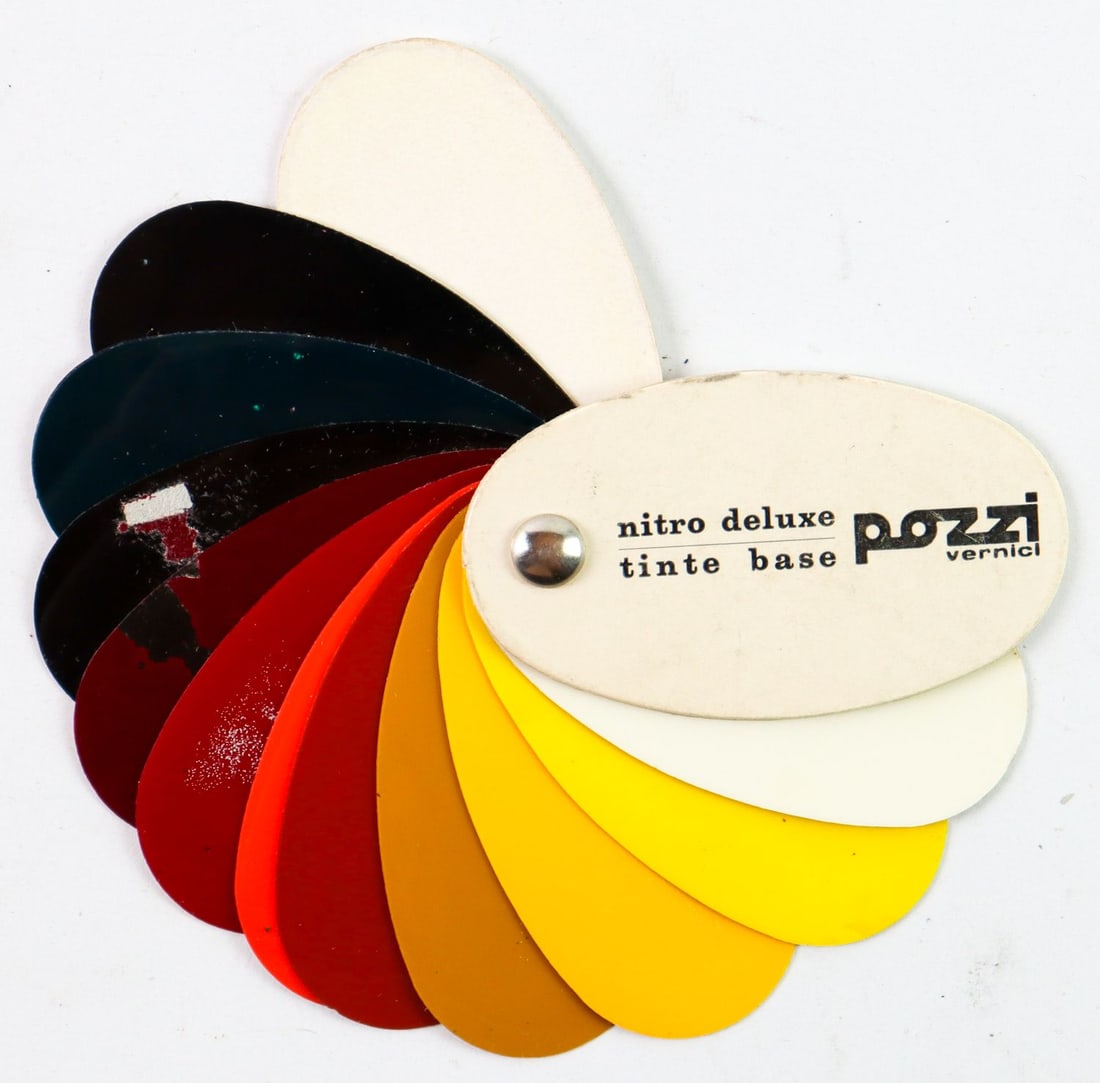 Ferrari Paint sample fan 'Pozzi' from the 50s: E.g. with the Ferrari colors Rosso Scuro, Giallo Chiaro, Bianco etc., with a total of 9 samples