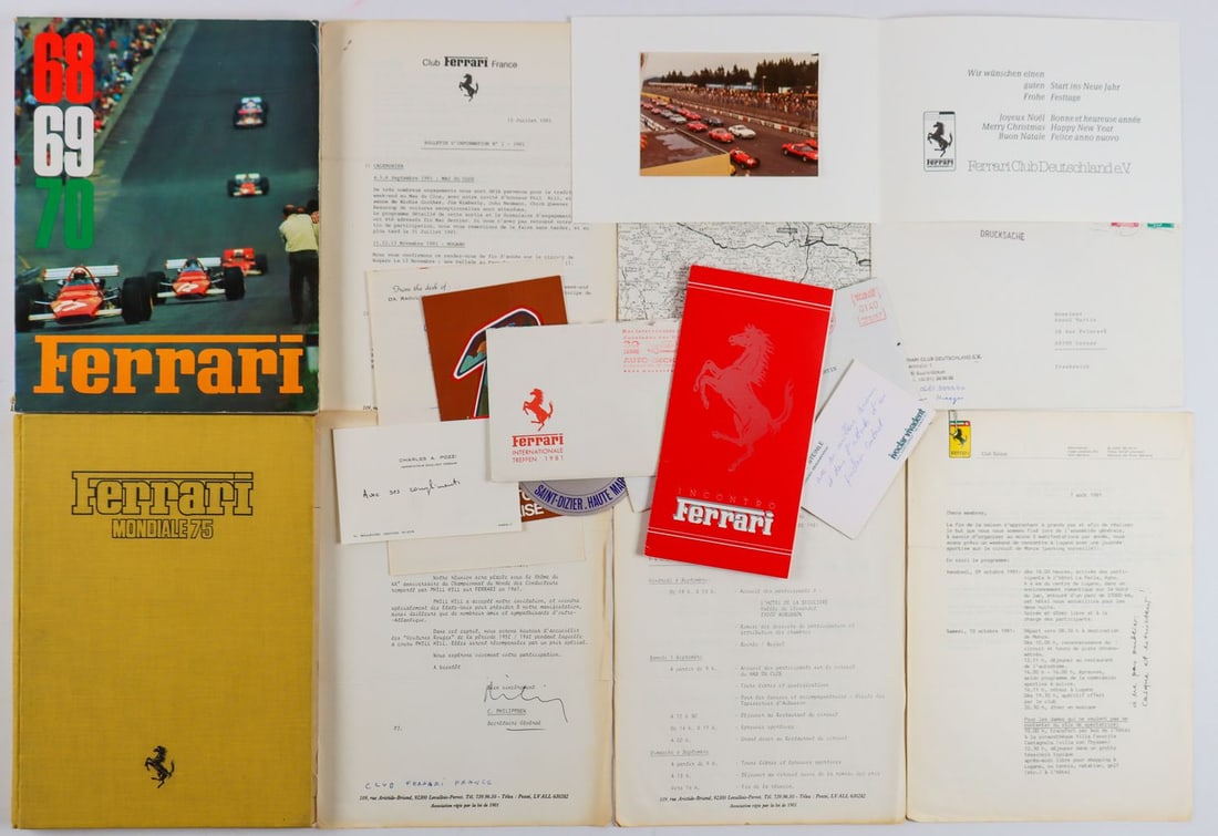 Ferrari Approx. 12 parts from the 70s/80s: Yearbook Mondial 75 (loose pages) and 68/69/70, Charles A. Pozzi business card, Bulletin D'Information No. 2 1981, etc., French/Italian