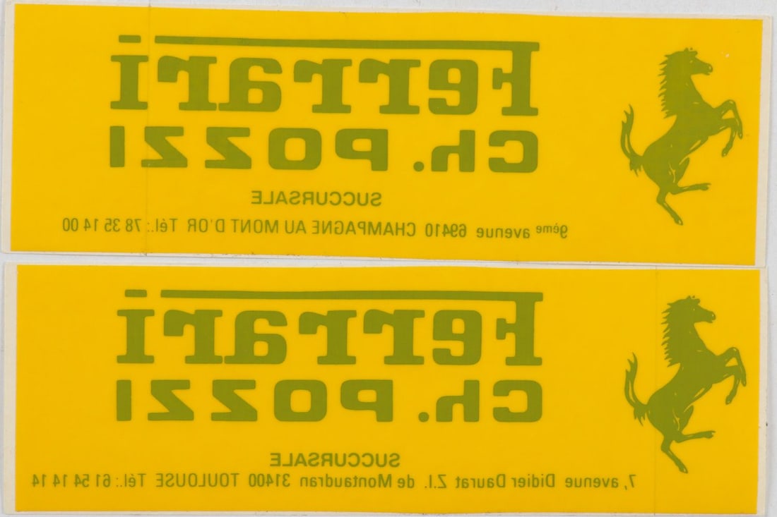 Ferrari Dealer sticker 'Ch. Pozzi' from the 70s / 80s: For the vehicle window, Champagne au Mont d'Or and Toulouse, France, 16 x 15.5 cm