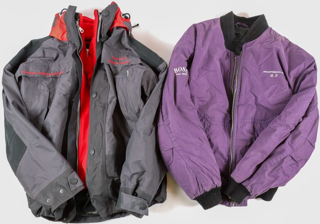 Porsche 2x jacket: 1x Porsche sports driving school instructor Helmut Pietsch, R.N.: 95796, size L and 1x 'Original Hugo Boss Piece' Porsche H.P. size M