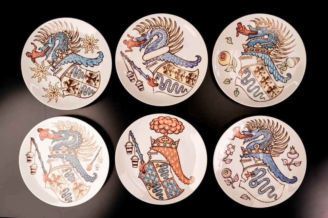 Alfa Romeo 6-piece ceramic plates from the Fornasetti ceram: Exclusively designed by artist Piero Fornatti for Alfa Romeo Automobile Arese, numbered No. 1 - 6, each plate adorned with the Visconti coat of arms, rare collector's item, excellent condition