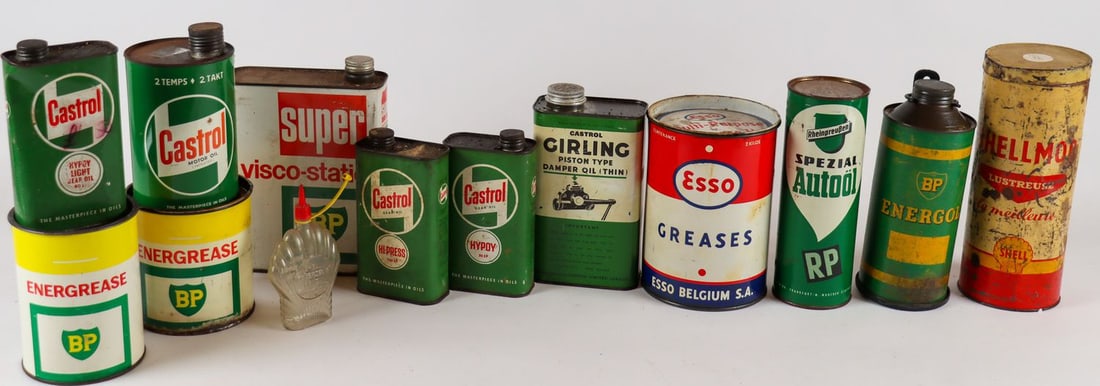 Automobilia 12-piece tin cans / oil cans: E.g. Esso, Castrol, BP etc., various sizes