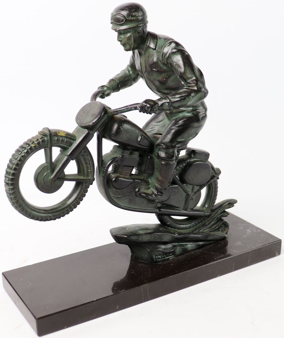 Automobilia Bronze sculpture Art Deco motorcycles racer by: French, 28 x 10 x 27 cm