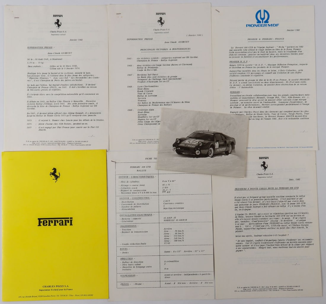 Ferrari Original Ferrari-Pozzi press kit from 1982: Presentation of the Ferrari 308 Group 4 'Pioneer', 12 pages press release, 1 original B/W press photo, French