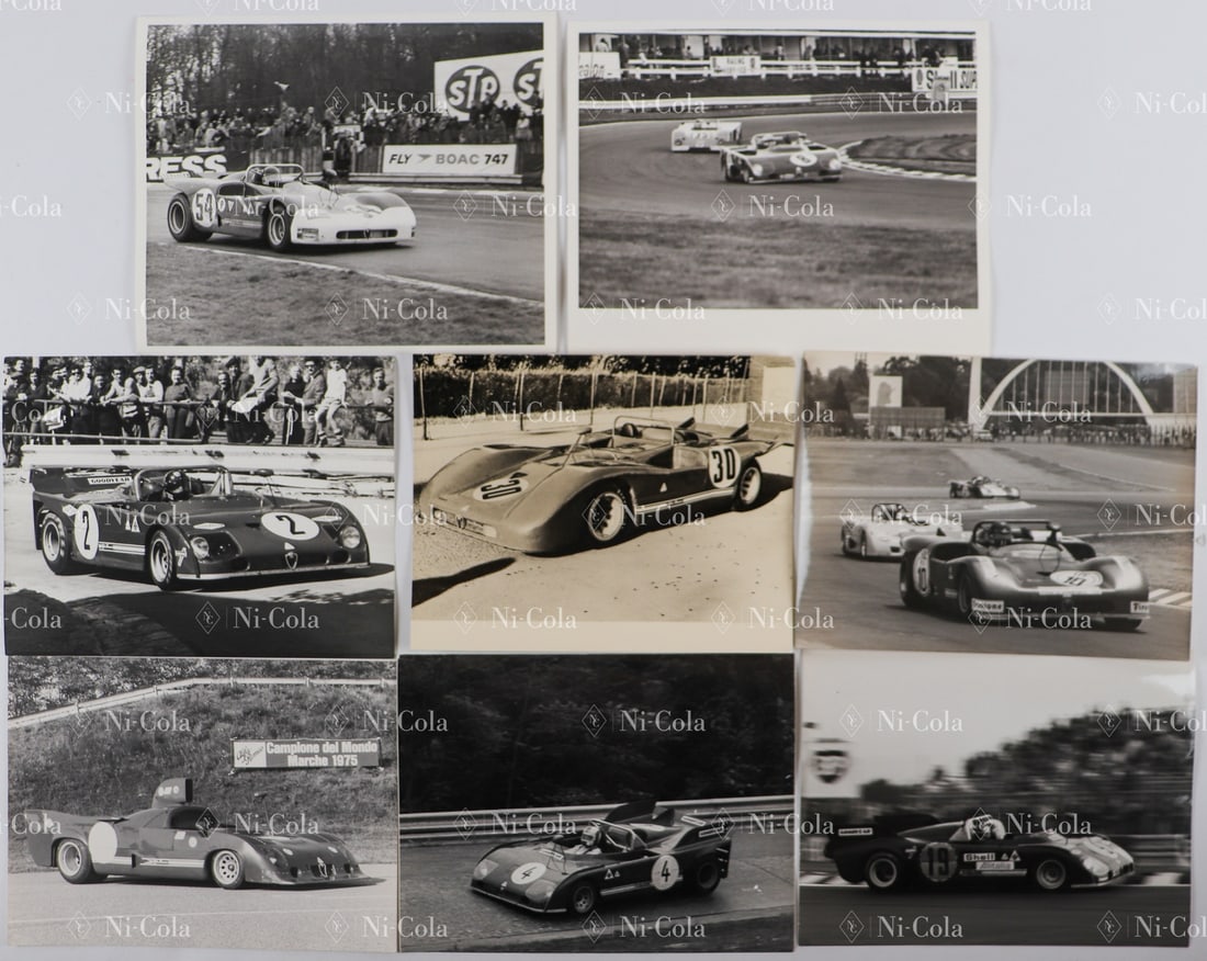 Alfa Romeo 8 original B/W press photos Type T33: E.g. Brand Hatch 1972, Buenos Aires 1972, Targa Florio 1972 etc., 7x stamped, approx. 18 x 24 cm