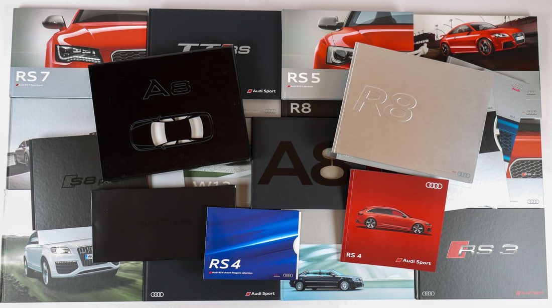 Audi 27 Sales catalogs / VIP brochures / Prospectuses from: E.g. Type RS4, A8, R8 Spyder, RS6, RS5, RS Q3, RS3, RS7 etc., English / German