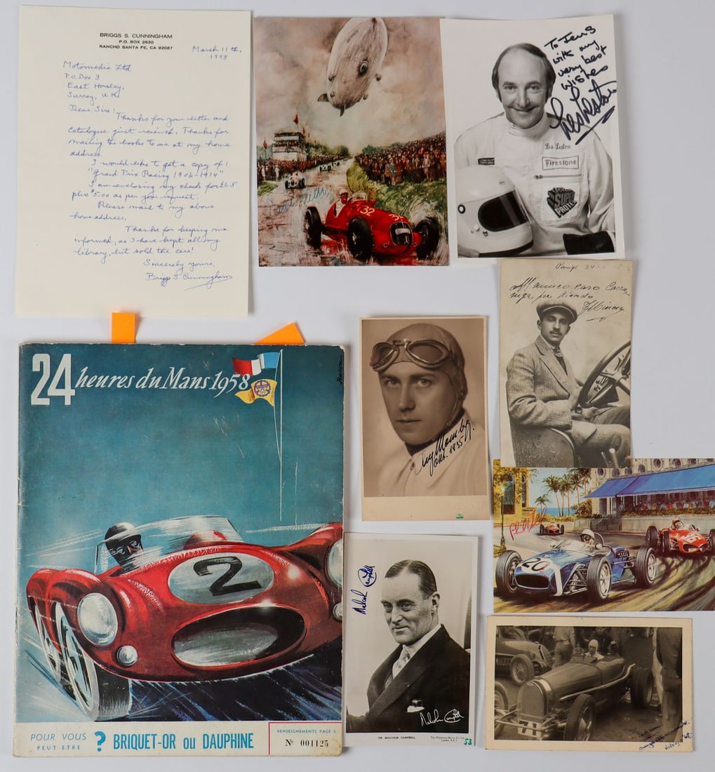 Autogramm 10 original hand signatures from motorsport perso: Malcolm Campbell, handwritten letter Briggs S. Cunningham, Phil Hill, Les Leston, racing program '24 heures du Mans 1958' with original signatures from Jean Behra and Mike Hawthorn etc., signatures