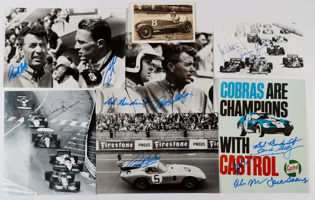 Autogramm 15 original hand signatures from racing driver le: Carroll Shelby, Bob Bondurant, James Hunt, Jacques Swaters, Lou Meyer, Keke Rosberg, P. Patrese etc., signatures on photographic prints, dimensions from 9 x 14 cm to 17 x 26 cm