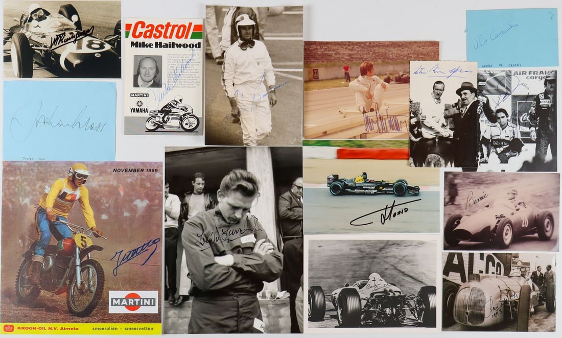 Autogramm 15 original hand signatures from various racing d: Bernie Ecclestone, Bob Bondurant, Rene Dreyfus, Henry Taylor, 