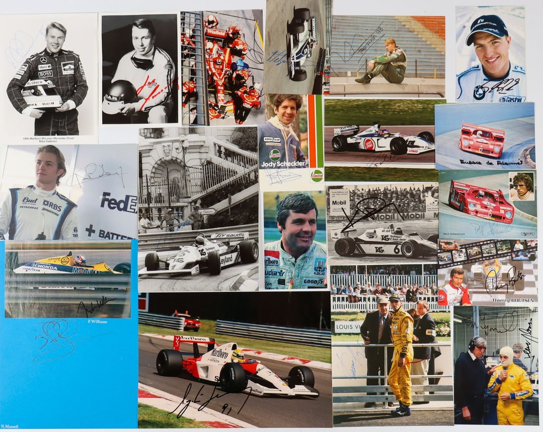 Autogramm 21 Original signatures from Formula 1 racing driv: Alan Jones, Keke Rosberg, Rolf Stommelen, Nico Rosberg, Nigel Mansell, Thiery Boutsen, Mika Hakkinen, Jody Scheckter, Nelson Piquet, Jean Alesi, Ralf Schumacher, Leo Kinnunen etc.