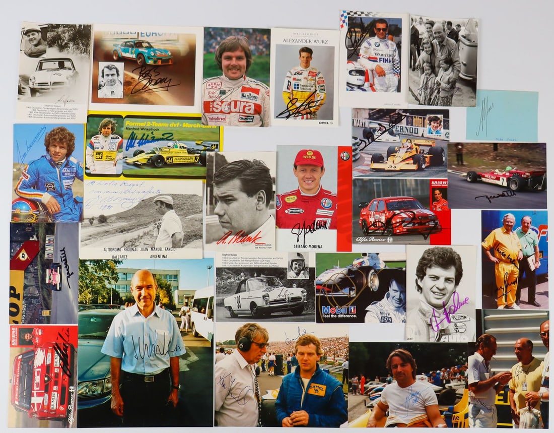 Autogramm 28 original signatures from various racing driver: For example Juan Manuel Fangio 1991, Jan Lammers, Eugen Böhringer, Nicola Larini, Johnny Cecotto, Keke Rosberg, Alan Jones, Bob Wollek, Alexander Wurz, Innes Ireland and Tony Rudd (BRM engineer, late