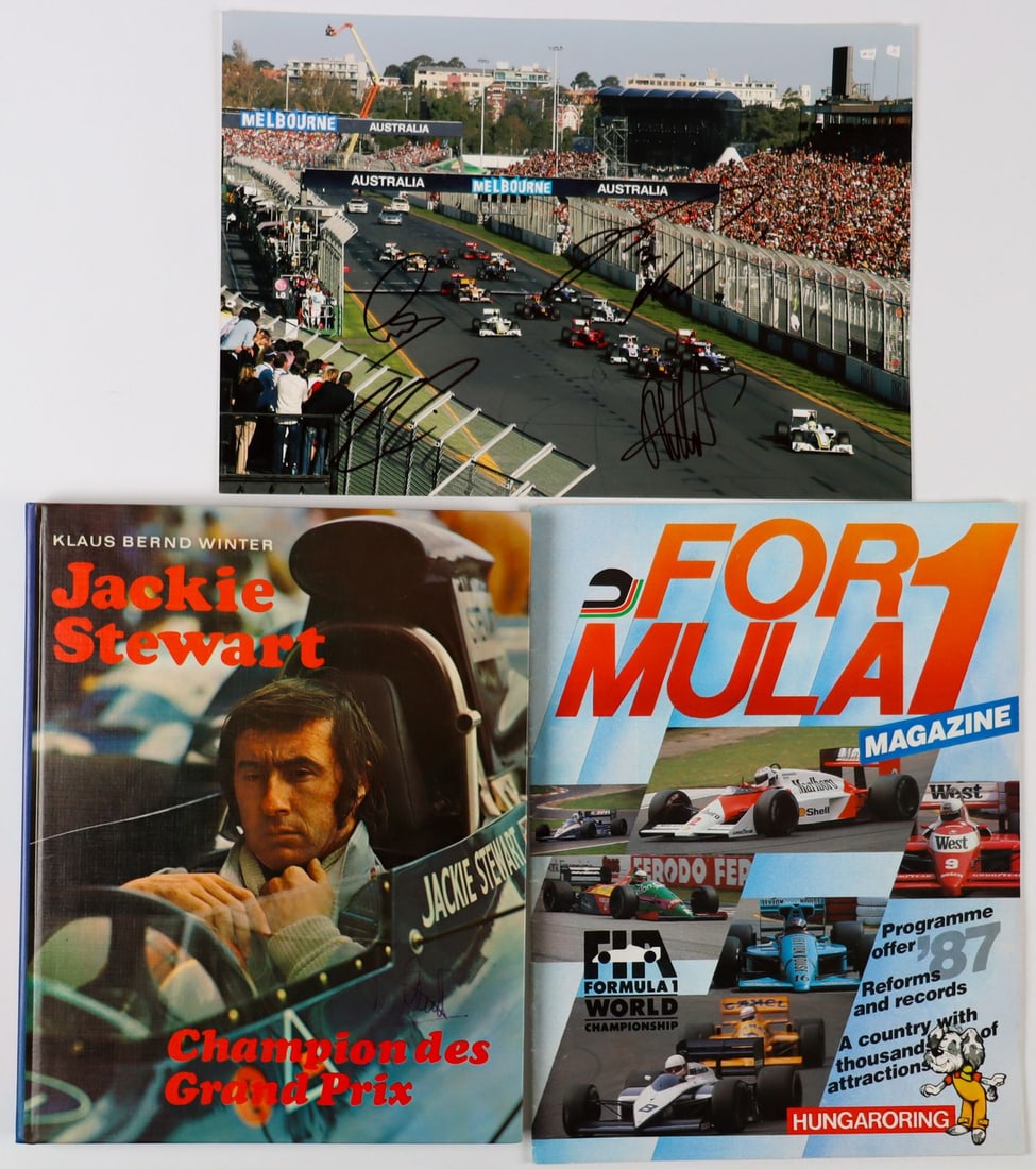Autogramm 37 original hand signatures from racing drivers: Color photo with 4 signatures from Formula 1 racing drivers, e.g. Sebastian Vettel, Keke Rosberg, Lewis Hamilton etc., book 'Jackie Stewart with 8 signatures from racing drivers, e.g. Jackie Stewart,