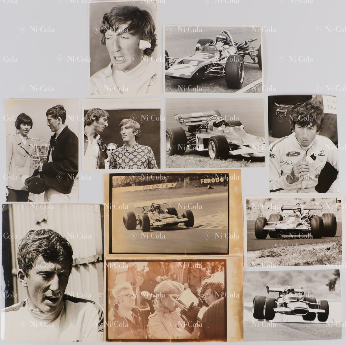 Automobilia 11 Original B/W Press Photos Jochen Rindt: 11-piece set, portrait and action shots of Jochen Rindt, including with his early girlfriend 1965, with his wife Nina at the victory ceremony in Watkins Glen 1969, GP Nürburgring 1969, F2 Thruxton, G