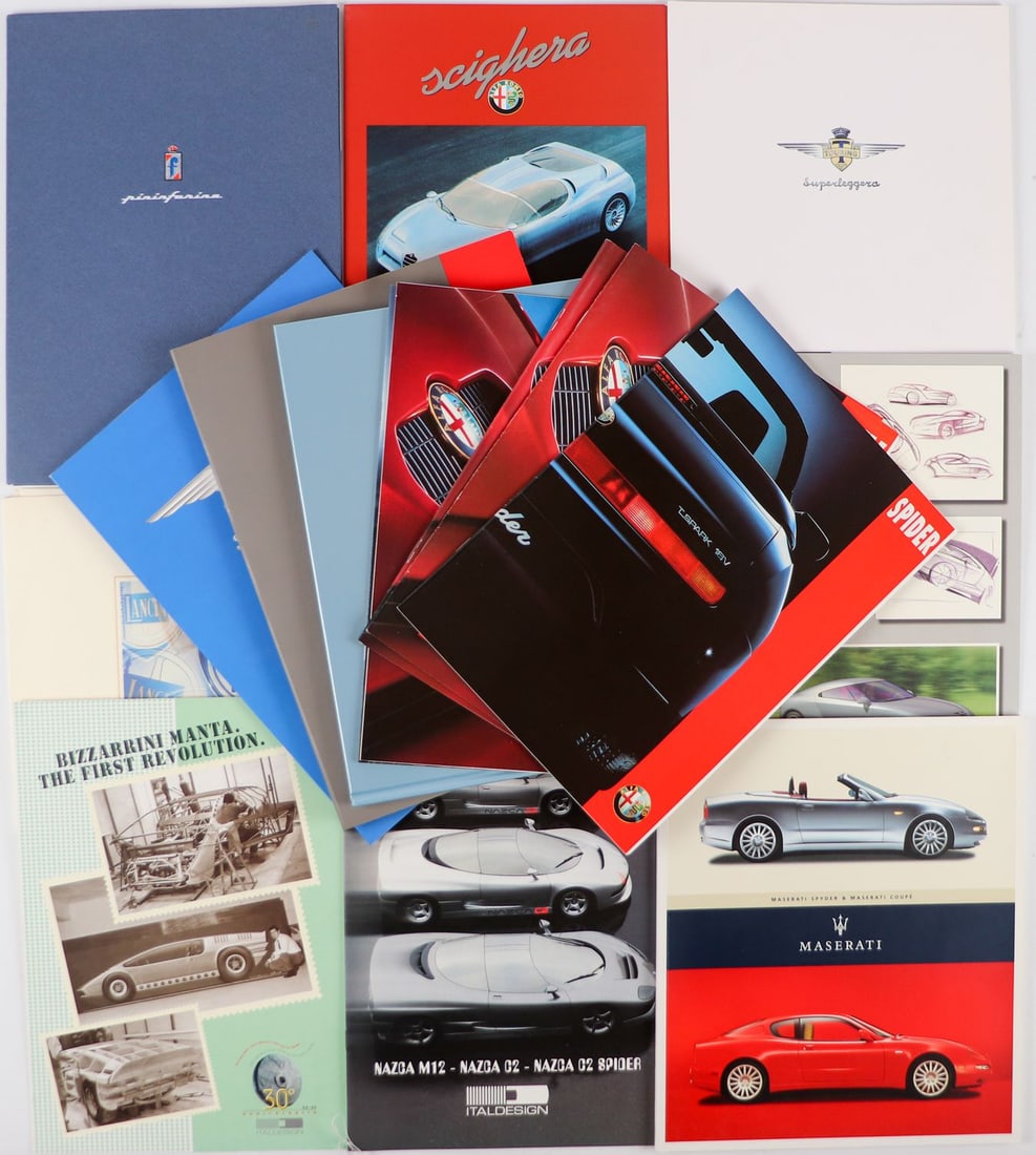 Automobilia 20-piece brochures and press kits from the 1990: E.g. Alfa Romeo, Bizzarrini Manta, Lamborghini Cala, Superleggera press kit, Lancia, Maserati, Pininfarina etc., various languages