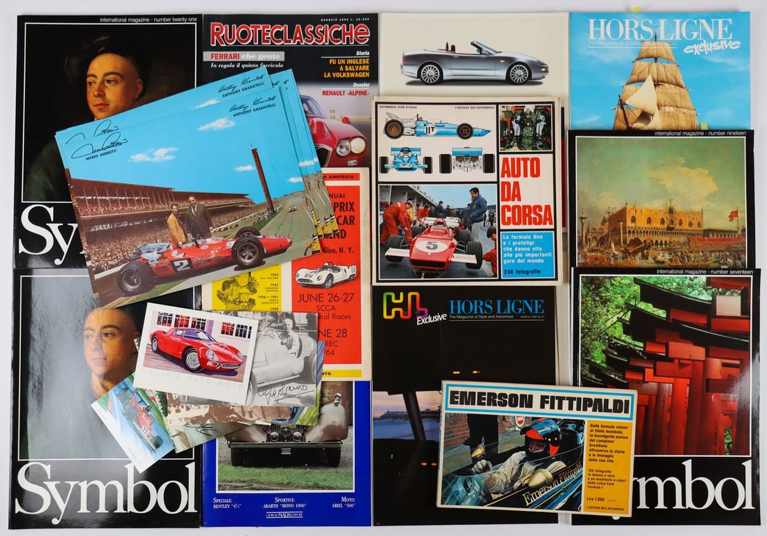 Automobilia 24-piece from the 60s-90s: 4x color photo Mario Andretti and Anthony Granatelli, 2 driver cards Alain Prost and Nigel Mansell, race program Watkins Glen 1964, books e.g. Emerson Fittipaldi etc.