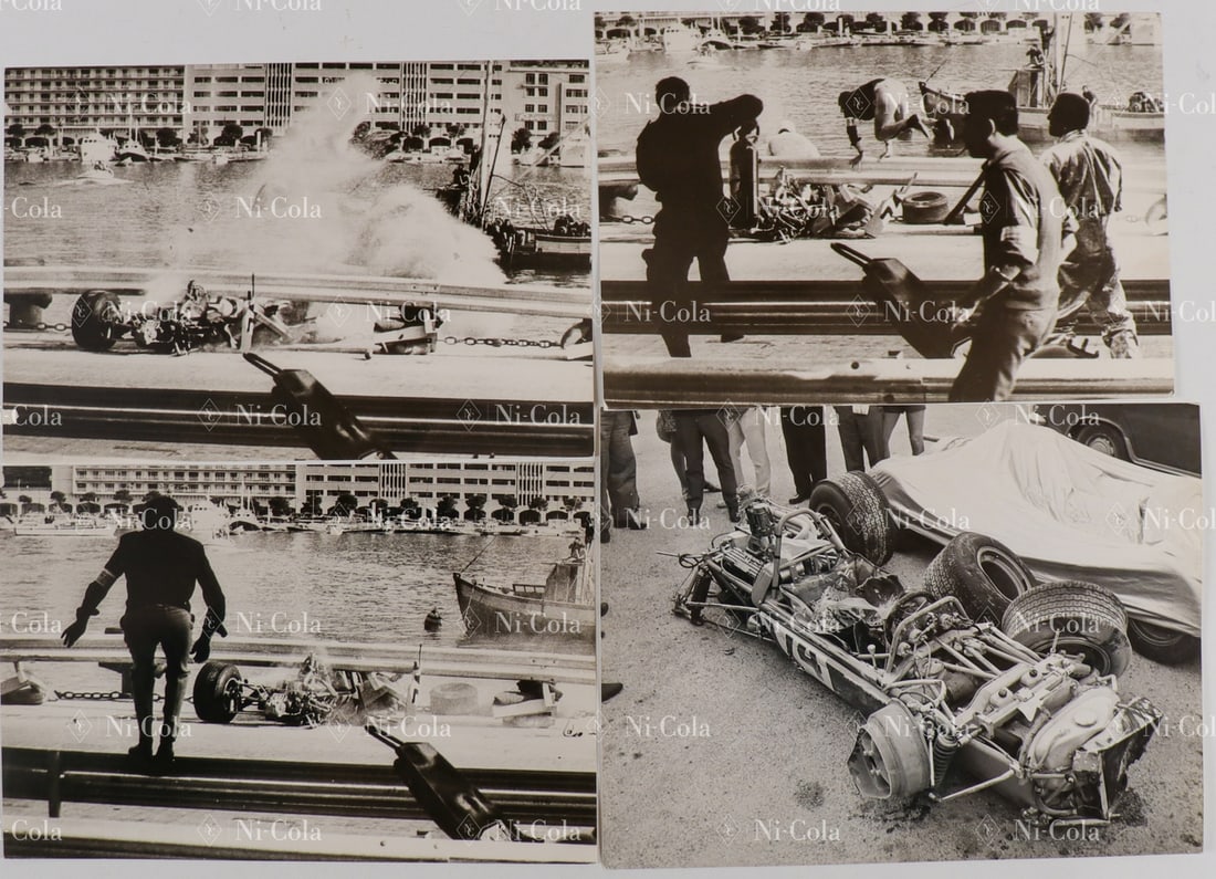 Automobilia 4 Original B/W Press Photos Accident Regazzoni: 4-part, photographs of Clay Regazzoni's serious crash during the Formula 3 race as part of the 1968 Monaco GP. The Tecno pilot slid under the guardrail and emerged from the wreck uninjured.