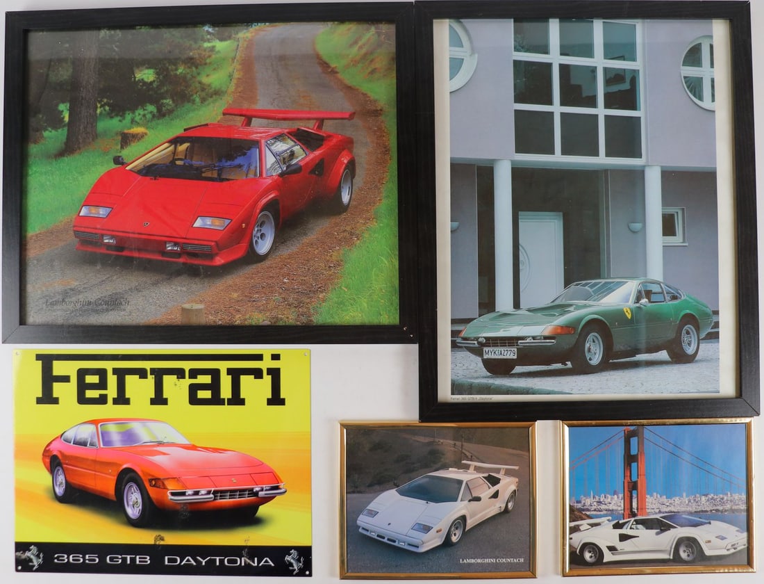 Automobilia 5-piece: 4 framed pictures 3x Lamborghini Countach, 21 x 25.5 cm and 44.5 x 54.4 cm, Ferrari 365 GTB Daytona, 44.5 x 54.4 cm tin sign, 30 x 40 cm