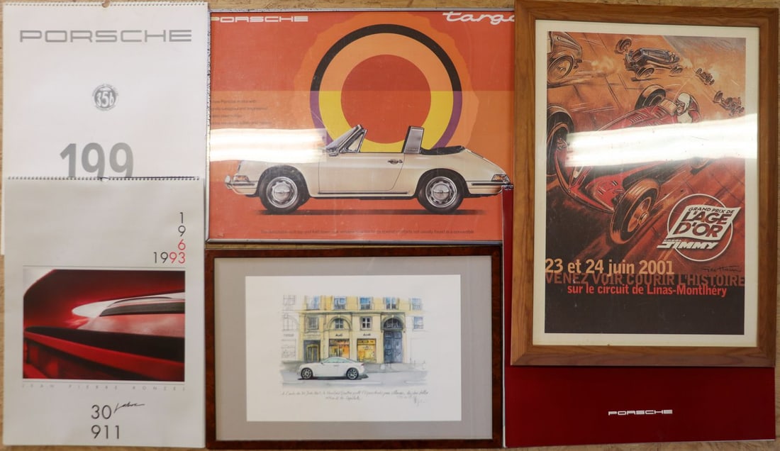 Automobilia 6-piece Calendar and Poster: Porsche Poster Targa Reprint, 2 Porsche Calendars, Limited Art Print etc.