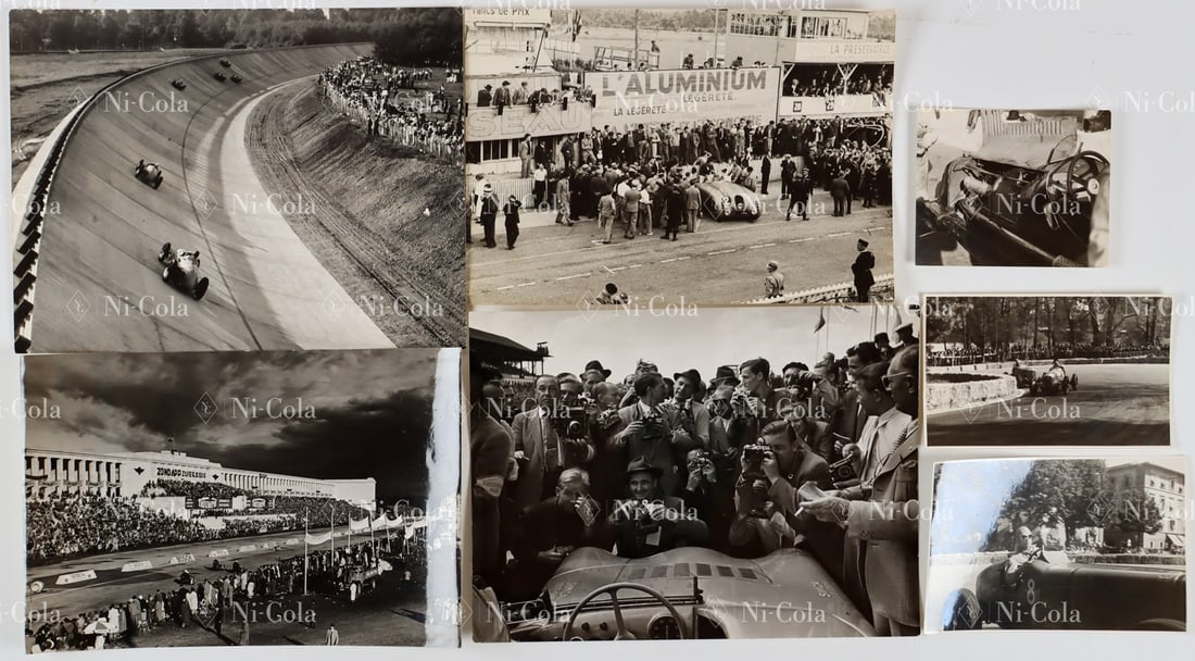Automobilia 7 original b/w photos: ERA Prince B. Bira 1936, Maserati ERA 1937, 24H Le Mans 1937 Bugatti, 24H Le Mans 1949 Simca Gordini, Monza 1957, Norisring 1947, from approx. 10x9 cm to 18x24 cm, partly stamped