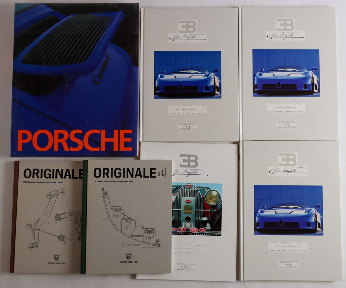 Automobilia 7x Book on the subject of Porsche and Bugatti: Including 'Porsche' by Könemann, 4x Bugatti 'Revue Automobile und anderer Kunstgegenstände' etc., various languages