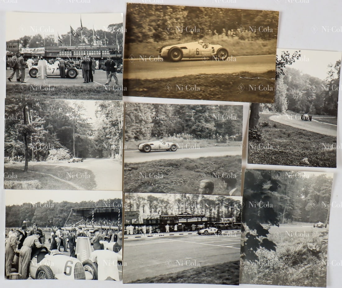Automobilia 8 original b/w photos from the time AUTO UNION: Donington Park 2. 10. 1937, Rosemeyer, Hasse, Müller, from approx. 10x8 cm to 13x8 cm