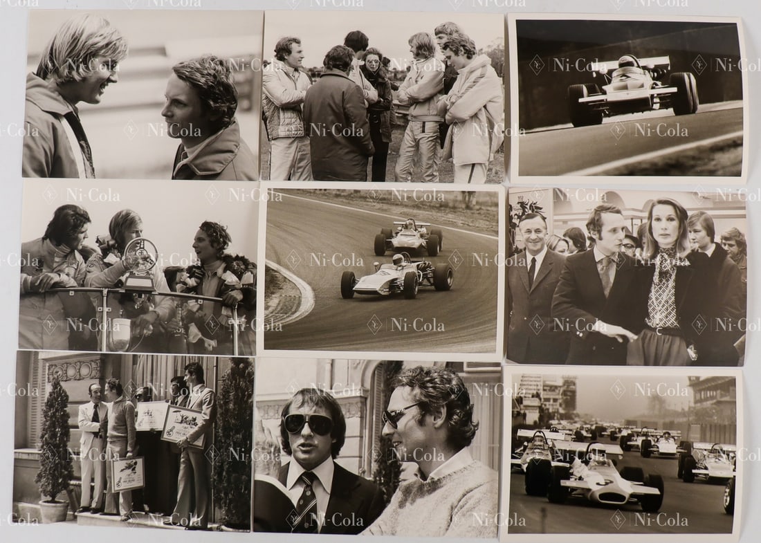 Automobilia 9 Original B/W Press Photos Niki Lauda: 9-piece set, Niki Lauda in his younger years 1971 in the Formula 2 March at Hockenheim and at the Nürburgring; with fellow drivers Quester, Schenken, Peterson, Max Mosley; victory ceremony with Cever