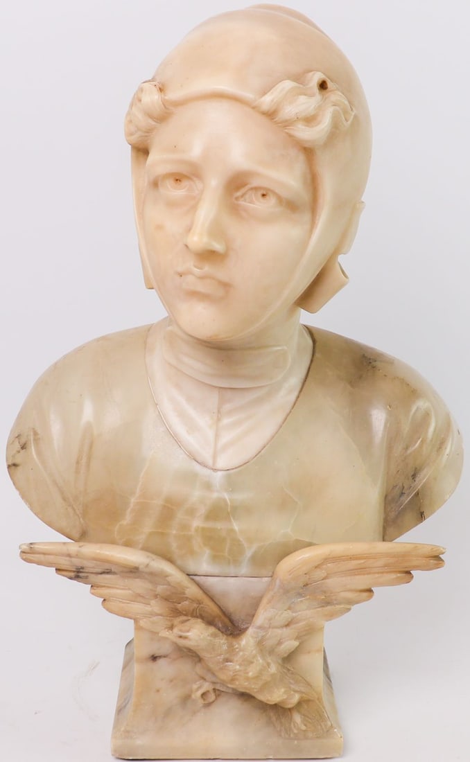 Automobilia Alabaster bust of a pilot with an eagle by the: Signed by the artist, height: 46 cm, weight: 15 kg