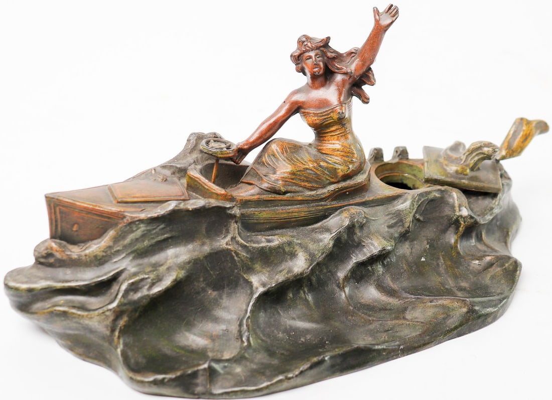 Automobilia Bronze sculpture/desk set with inkwell approx.: 27 x 12 x 14 cm