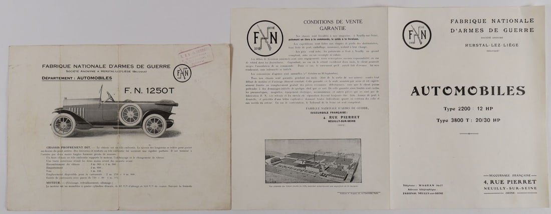 Automobilia Fabrique Nationale 2x folding brochure from the: About the models 1250 T, 12 HP and 20/30 HP, French