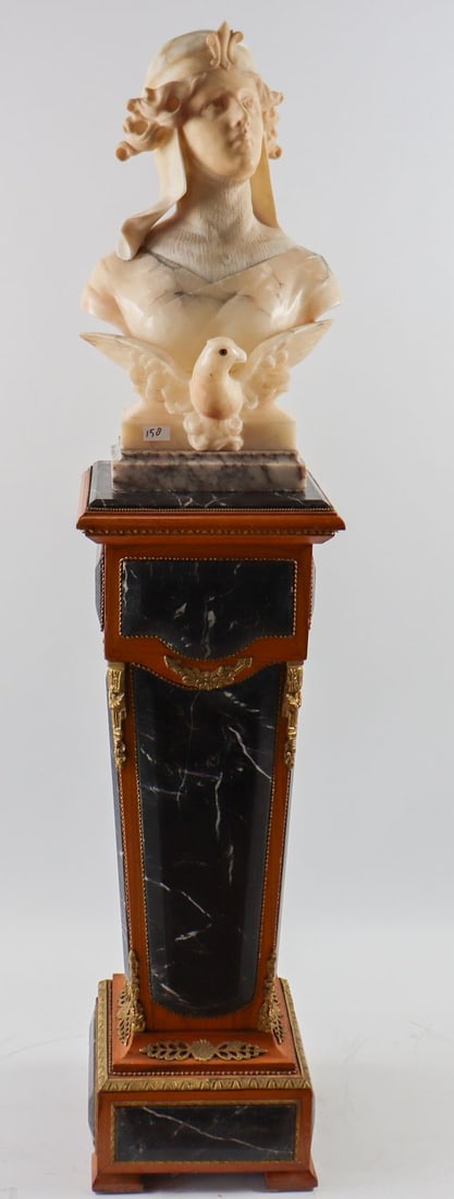 Automobilia Marble sculpture goddess of aviation: Weight bust 31.5 kg, height overall: 160 cm, height bust 59 cm, on a very decorative stand on a marble base