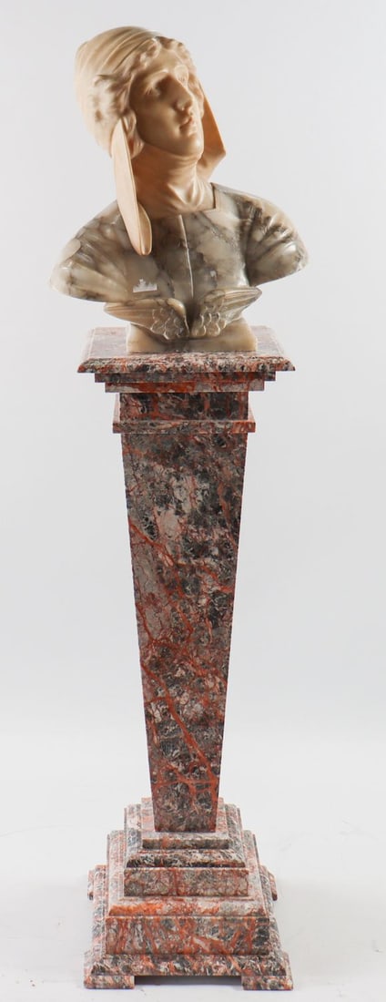 Automobilia Marble sculpture of an aviator goddess: Weight bust 26.5 kg, total height 148 cm, height bust 49 cm, on very decorative marble base