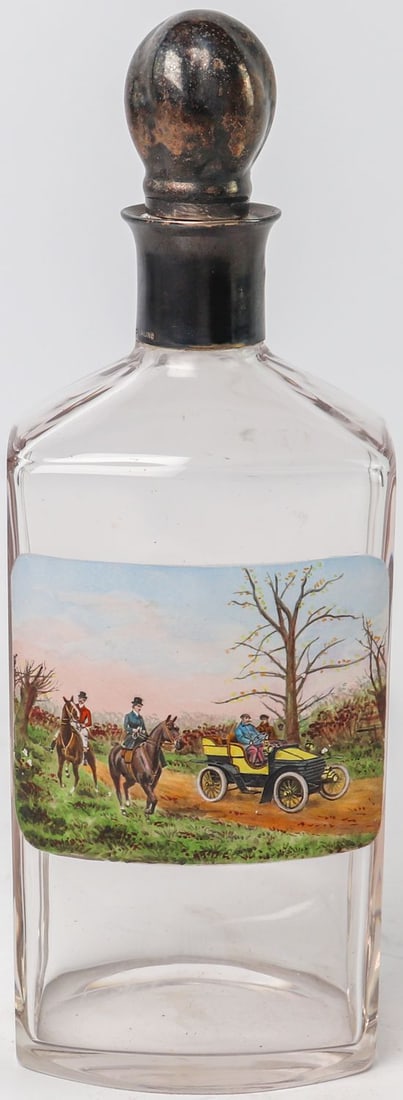 Automobilia Glass schnapps bottle with automobile motif aro: With sterling silver top, H: 25 cm