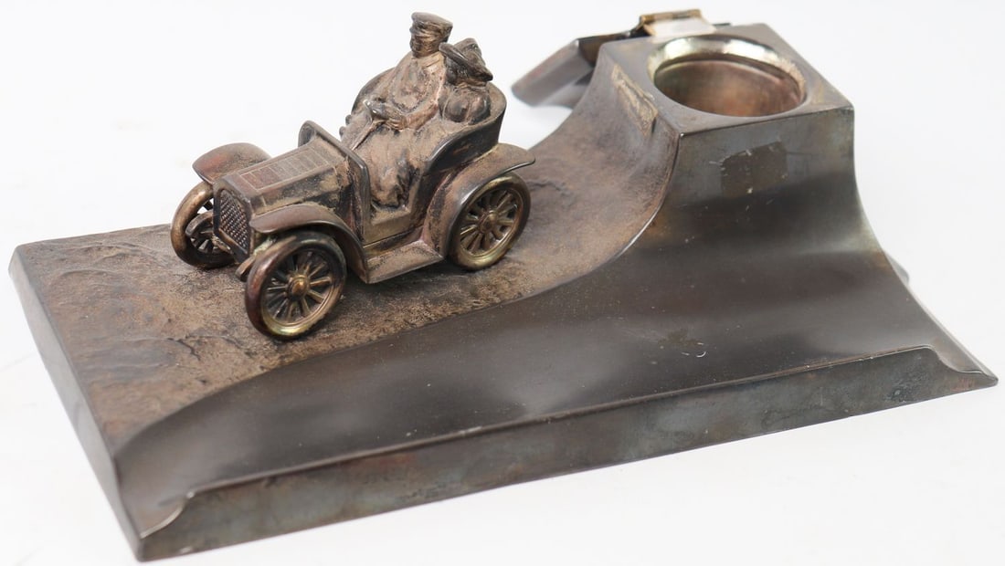 Automobilia Sculpture/desk set oldtimer with inkwell: L: 23 cm, pewter / aluminum