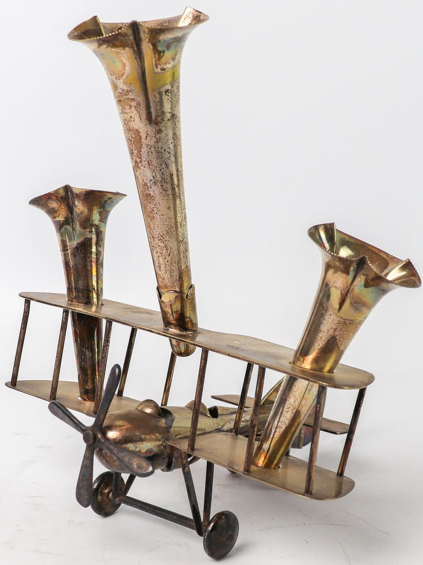 Automobilia Vintage flower vase in the shape of an aircraft: Very nice decorative item in the shape of a double-decker plane, for 3 flowers, h: 25 cm, rare