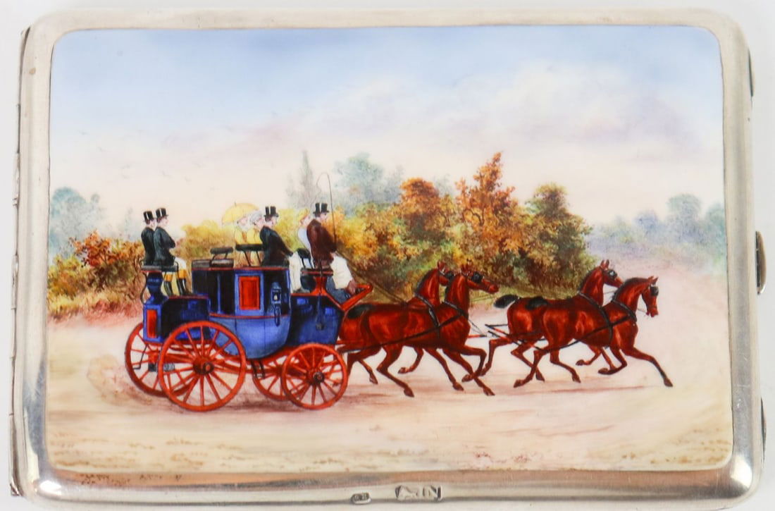 Automobilia Cigarette case with carriage motif 'Thornhill &: With engraving 'W.G. Barron from J.K.L. 1892', gilded inside, 12x8 cm