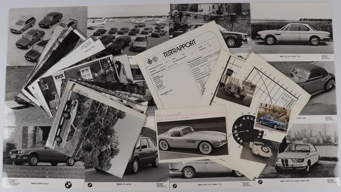 BMW 52 original B/W press photos 1930s-1980s: E.g. Type 328, 507, M5, 6 Series etc., dimensions from 6.8 x 10 cm to 17.5 x 24 cm