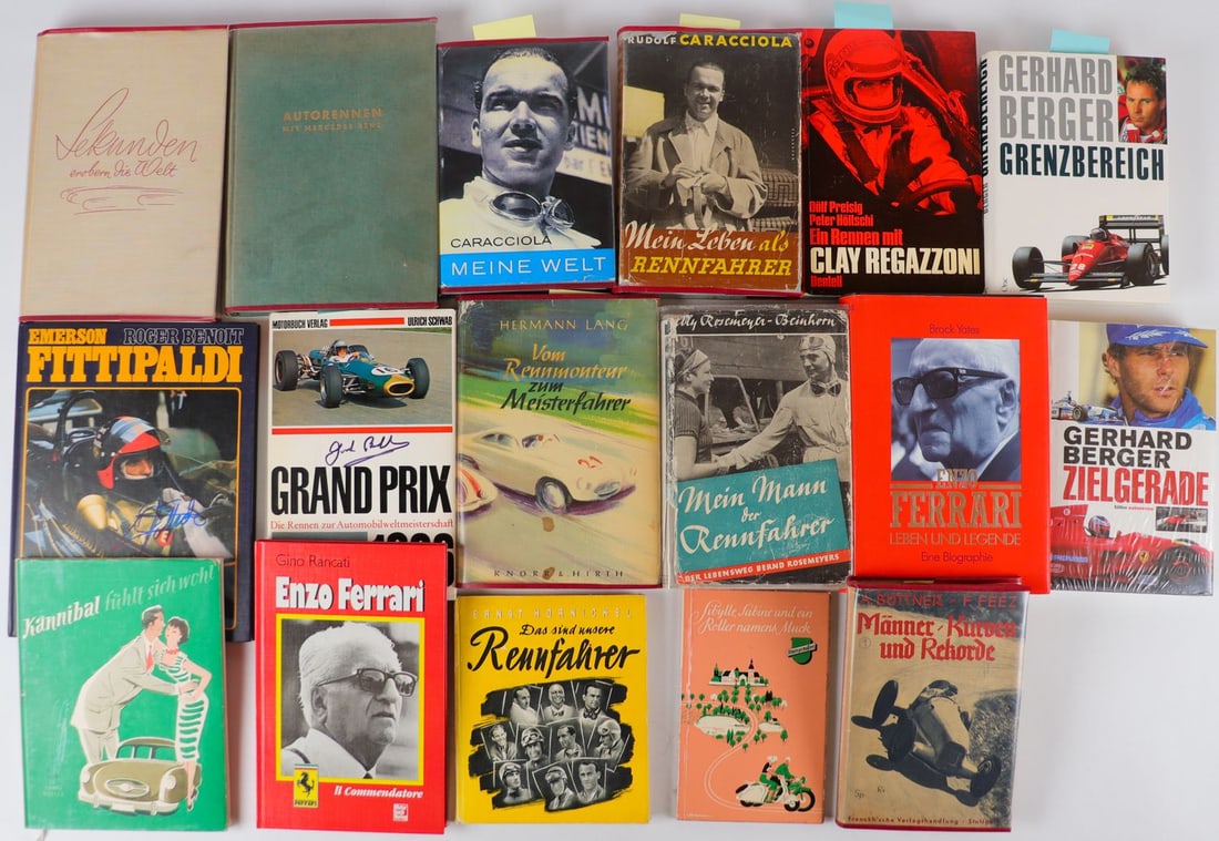 Buch 14-piece from the 1930s-1990s: Book signed by Emerson Fittipaldi, Grand Prix 1966 with 2 signatures from Jochen Rindt and 2 signatures from Jack Brabham, Gerhard Berger 'Grenzbereich' hand-signed by Berger, 'Autorennen mit Mercedes