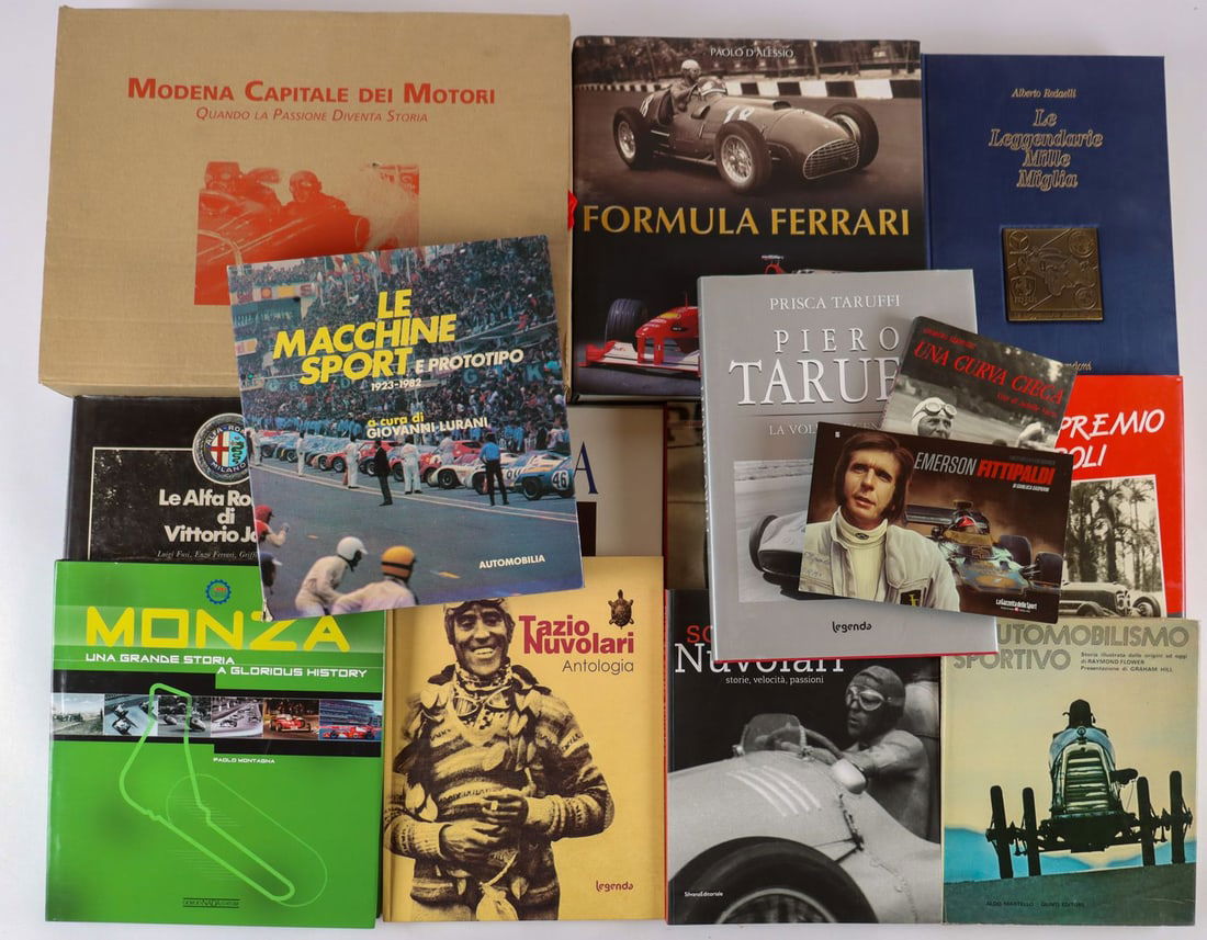 Buch 14-piece set on the theme of motorsport from the 80s-2: E.g. Le Alfa Romeo di Vittorio Jano by Luigi Fusi, Enzo Ferrari, Griffith Borgeson, Le Macchine e Prototipo 1923-1982 by Giovanni Lurani, Piero Taruffi by Prisca Taruffi, Le Leggendarie Mille Miglia b
