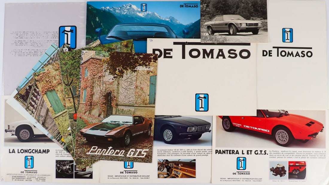 De Tomaso 12-piece brochures etc. from the 70s-90s: Type Panter L, Longchamp, Pantera G.T.S. etc., various languages