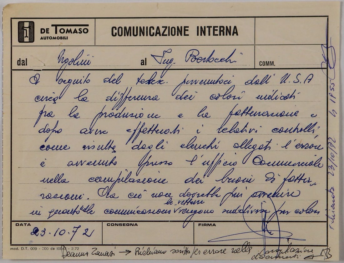De Tomaso Internal Communication hand-signed by Nel Ugolini: Italian